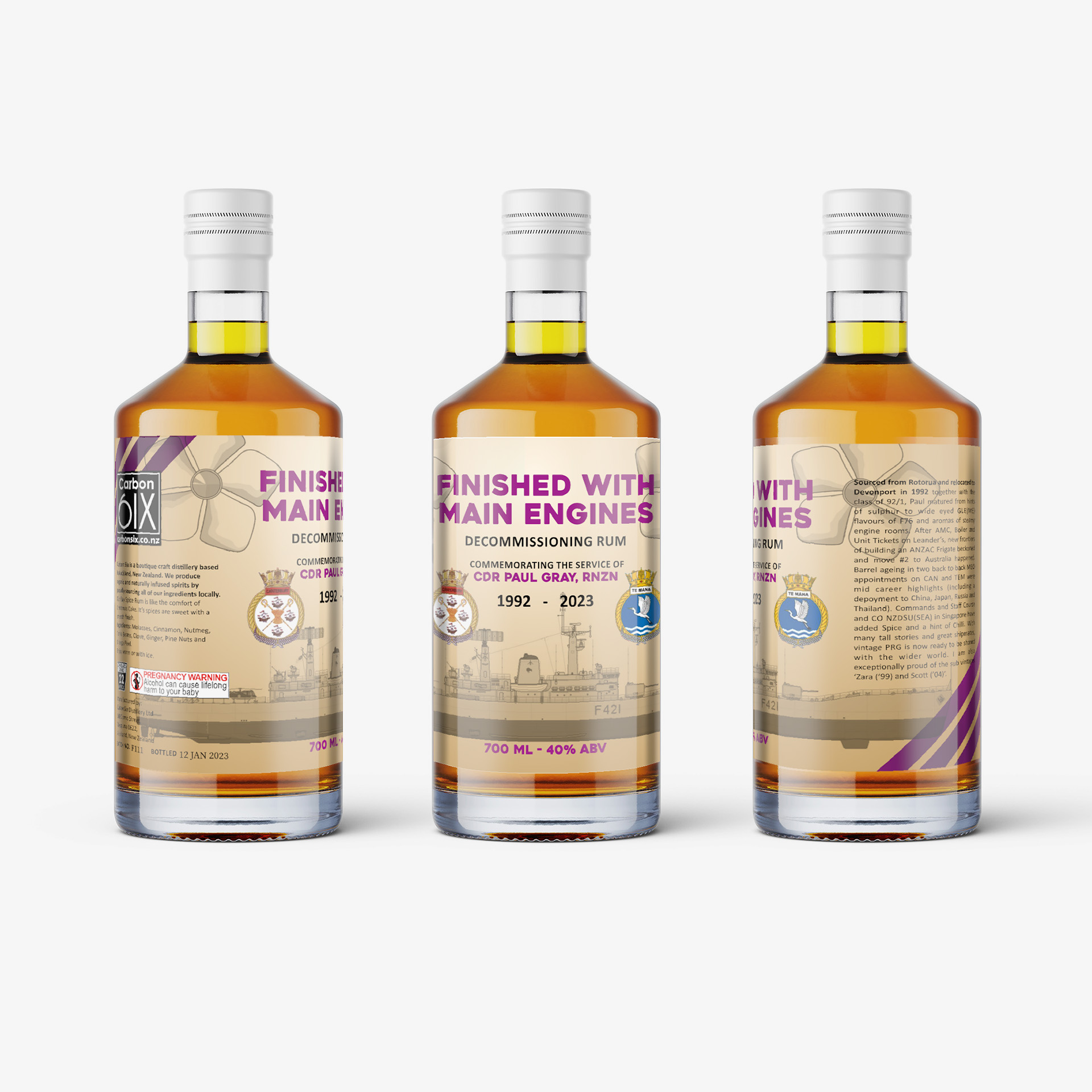 Series of rum bottles showing a custom label design from different angles