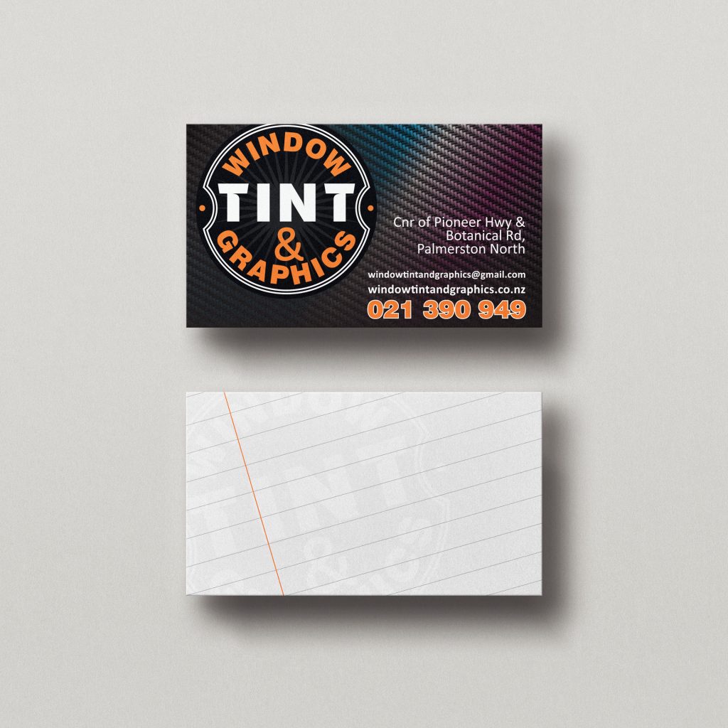 Front and back of business card design, for Window Tint & Graphics